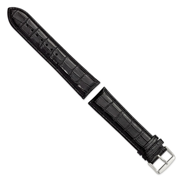 24mm Long Black Crocodile Chrono Silver-tone Buckle Watch Band