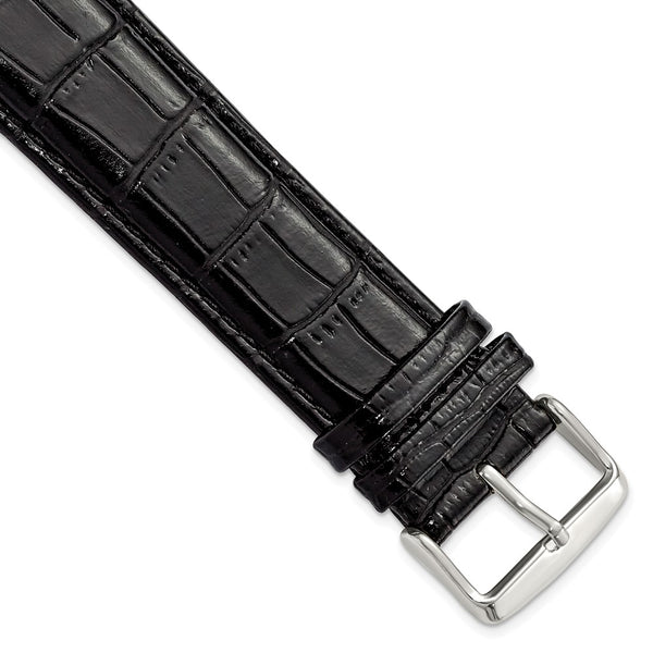 24mm Long Black Crocodile Chrono Silver-tone Buckle Watch Band