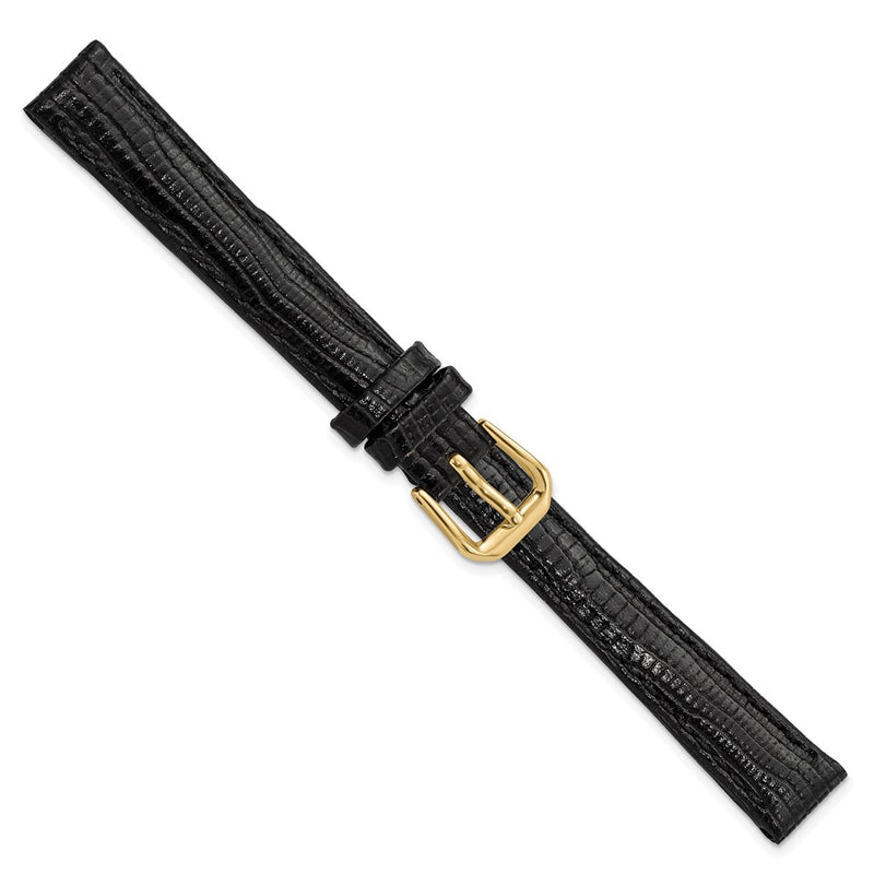 12mm Black Snake Grain Leather Gold-tone Stainless Steel Buckle Watch Band