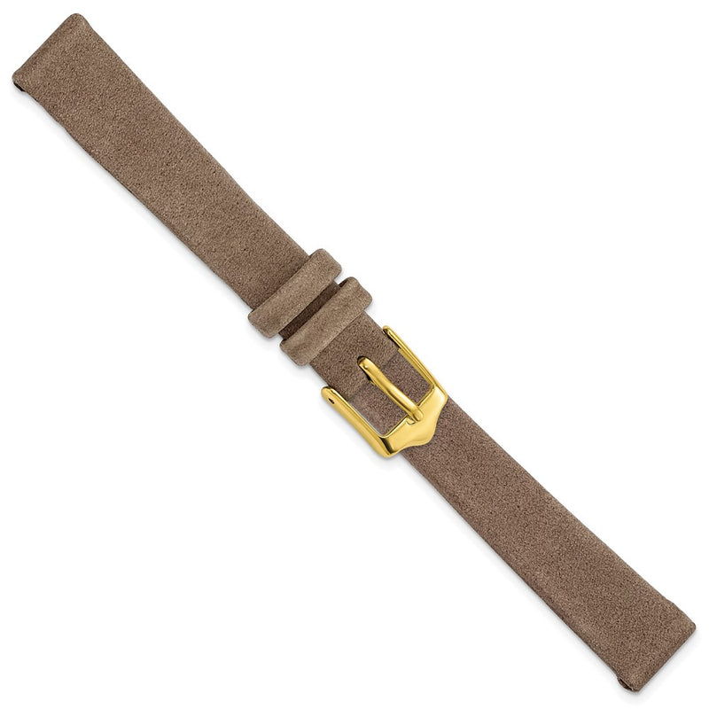 DeBeer 12mm Dark Brown Suede Flat Leather with Gold-tone Buckle 6.75 inch Watch Band