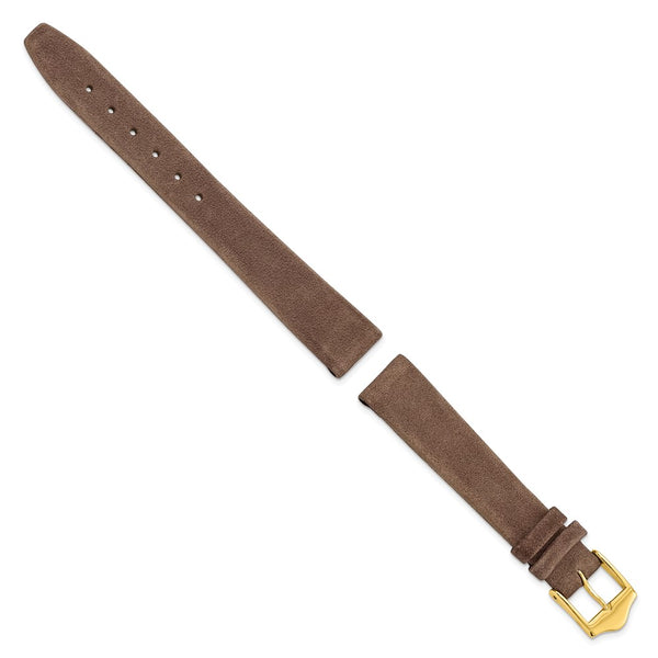 14mm Dark Brown Suede Flat Leather Gold-tone Buckle Watch Band