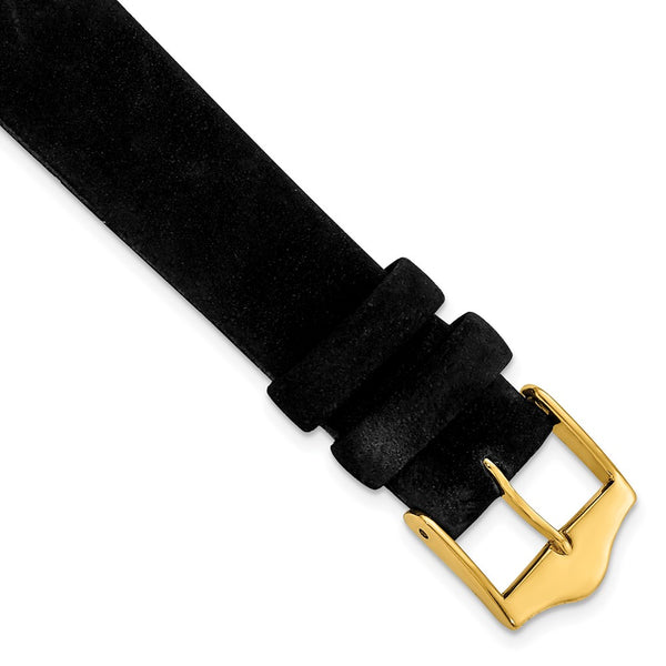 16mm Black Suede Flat Leather Gold-tone Buckle Watch Band