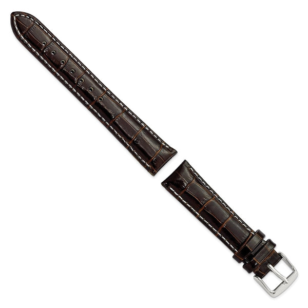 18mm Brown Crocodile Grain Chrono White Stitch Silver-tone Bkle Watch Band