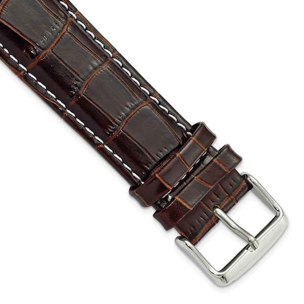 22mm Brown Crocodile White Stitch Silver-tone Bkle Watch Band