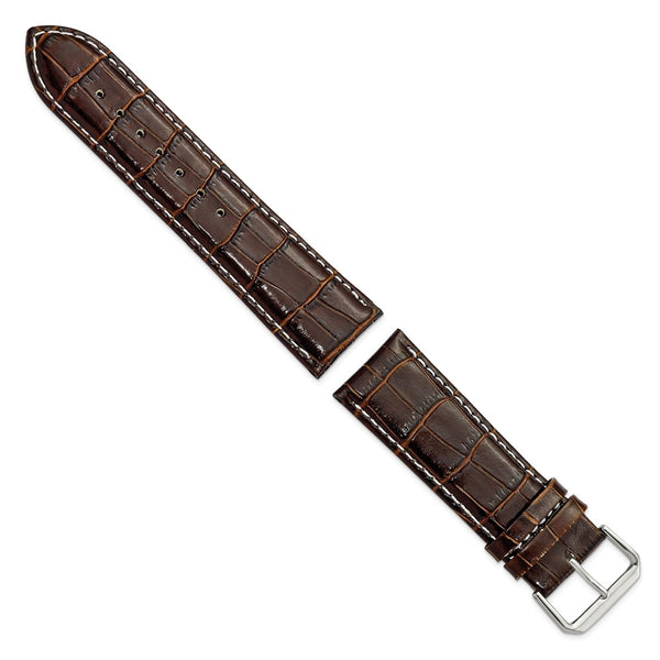 24mm Brown Crocodile White Stitch Silver-tone Bkle Watch Band