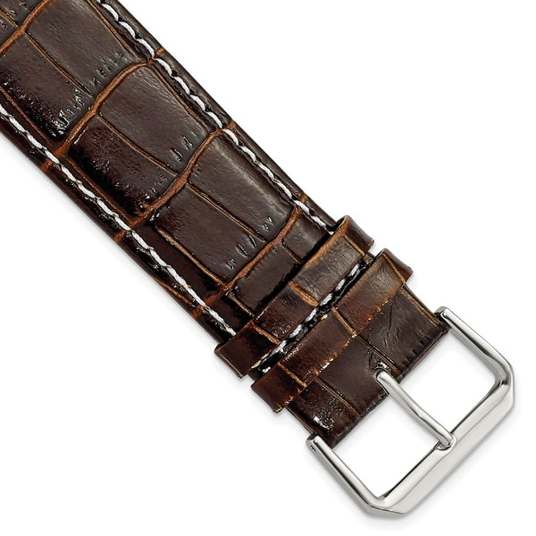 24mm Brown Crocodile White Stitch Silver-tone Bkle Watch Band