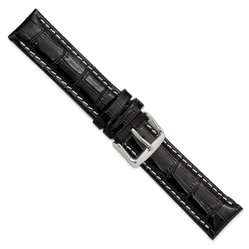 19mm Black Crocodile White Stitch Silver-tone Bkle Watch Band