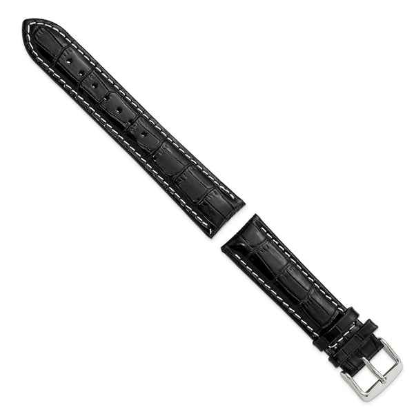 20mm Black Crocodile White Stitch Silver-tone Bkle Watch Band