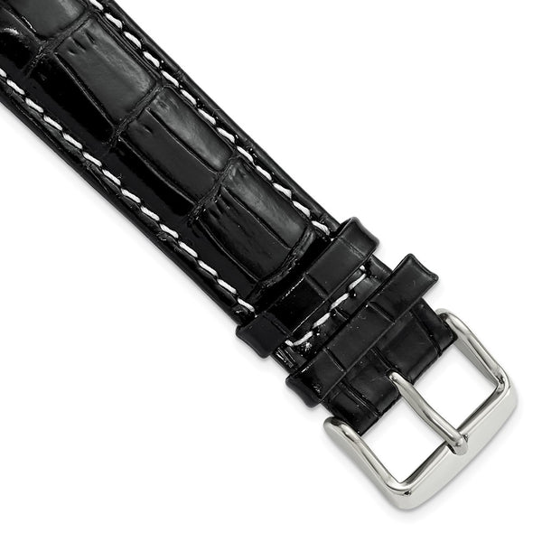 20mm Black Crocodile White Stitch Silver-tone Bkle Watch Band