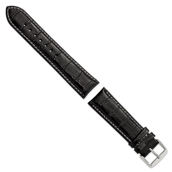 DeBeer 22mm Black Crocodile Grain Chronograph Leather with White Stitching and Sliver-tone Buckle 7.5 inch Watch Band
