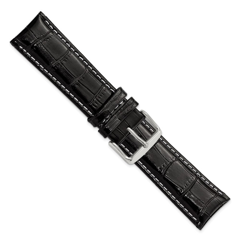 DeBeer 22mm Black Crocodile Grain Chronograph Leather with White Stitching and Sliver-tone Buckle 7.5 inch Watch Band