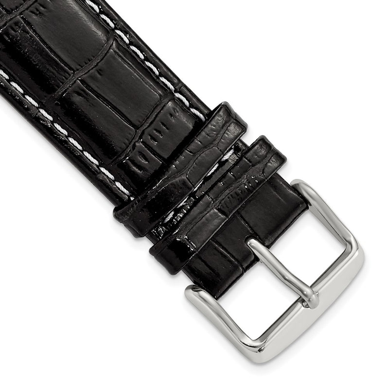 DeBeer 22mm Black Crocodile Grain Chronograph Leather with White Stitching and Sliver-tone Buckle 7.5 inch Watch Band