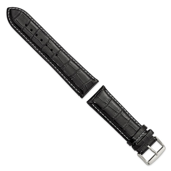 24mm Black Crocodile White Stitch Silver-tone Bkle Watch Band