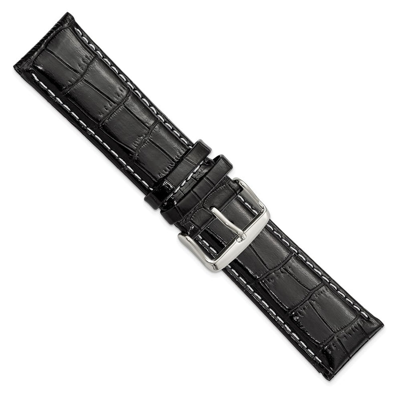 DeBeer 24mm Black Crocodile Grain Chronograph Leather with White Stitching and Sliver-tone Buckle 7.5 inch Watch Band