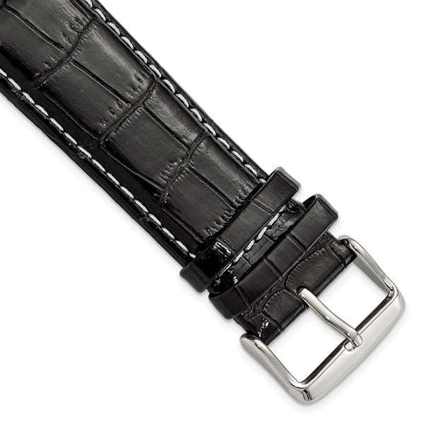 24mm Black Crocodile White Stitch Silver-tone Bkle Watch Band