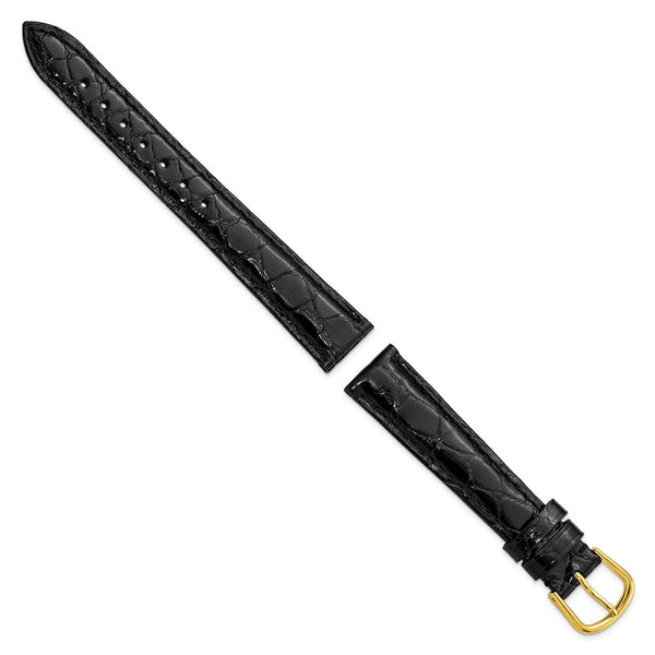 DeBeer 16mm Black Genuine Caiman Leather with Gold-tone Buckle 7.5 inch Watch Band