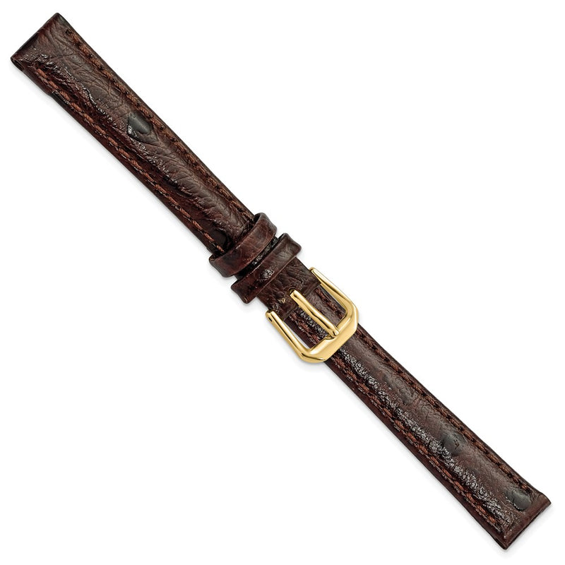 12mm Dark Brown Ostrich Grain Leather Gold-tone Buckle Watch Band