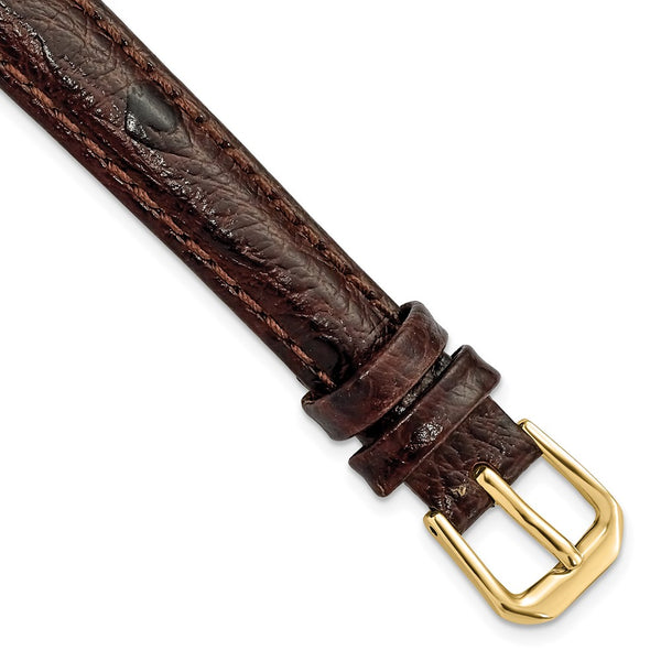 12mm Dark Brown Ostrich Grain Leather Gold-tone Buckle Watch Band