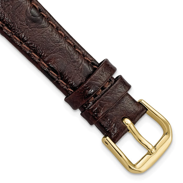 14mm Dark Brown Ostrich Grain Leather Gold-tone Buckle Watch Band