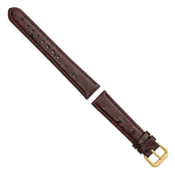 18mm Dark Brown Ostrich Grain Leather Gold-tone Buckle Watch Band