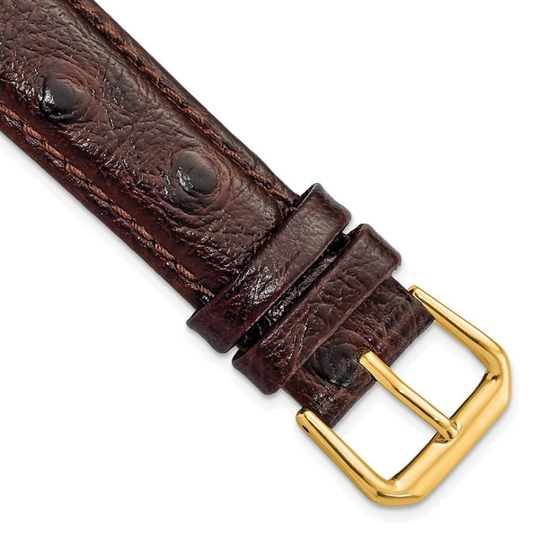 18mm Dark Brown Ostrich Grain Leather Gold-tone Buckle Watch Band