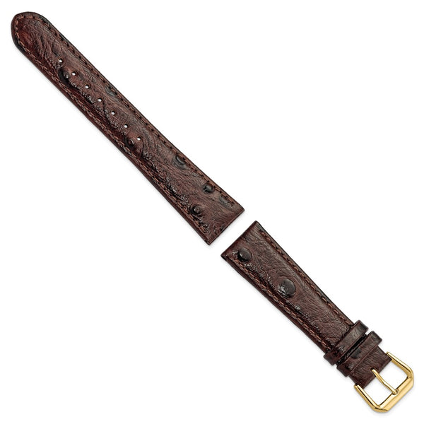 19mm Dark Brown Ostrich Grain Leather Gold-tone Buckle Watch Band