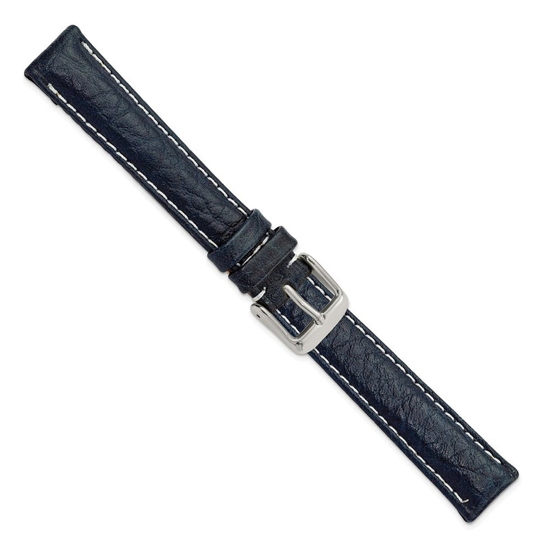 16mm Navy Sport Leather White Stitch Silver-tone Buckle Watch Band