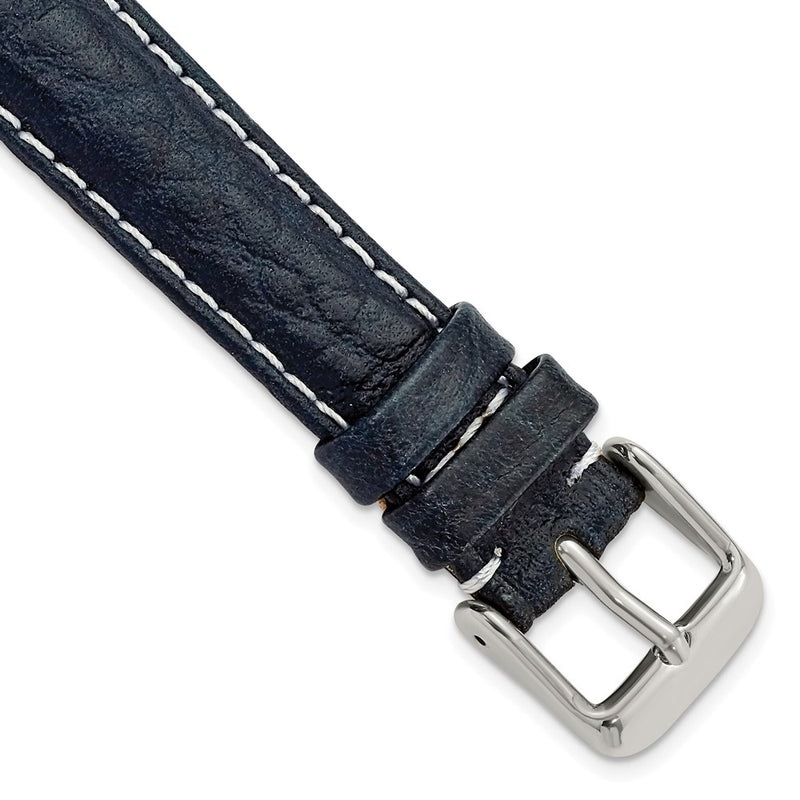 16mm Navy Sport Leather White Stitch Silver-tone Buckle Watch Band