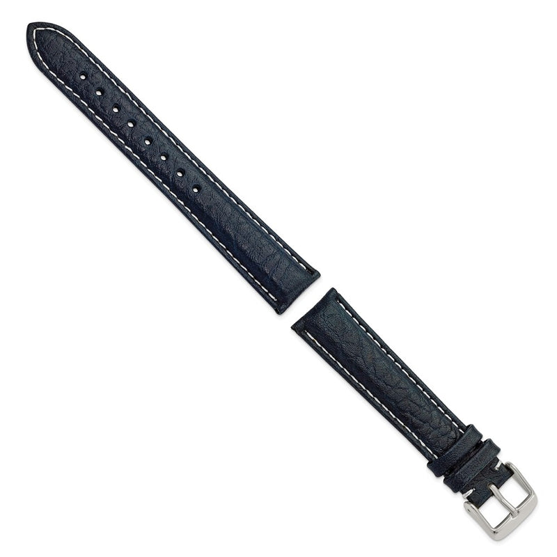 DeBeer 18mm Navy Sport Leather with White Stitching and Silver-tone Buckle 7.5 inch Watch Band