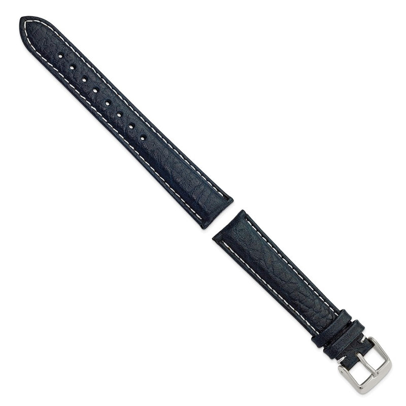 18mm Navy Sport Leather White Stitch Silver-tone Buckle Watch Band