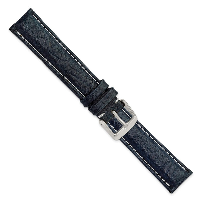 DeBeer 18mm Navy Sport Leather with White Stitching and Silver-tone Buckle 7.5 inch Watch Band