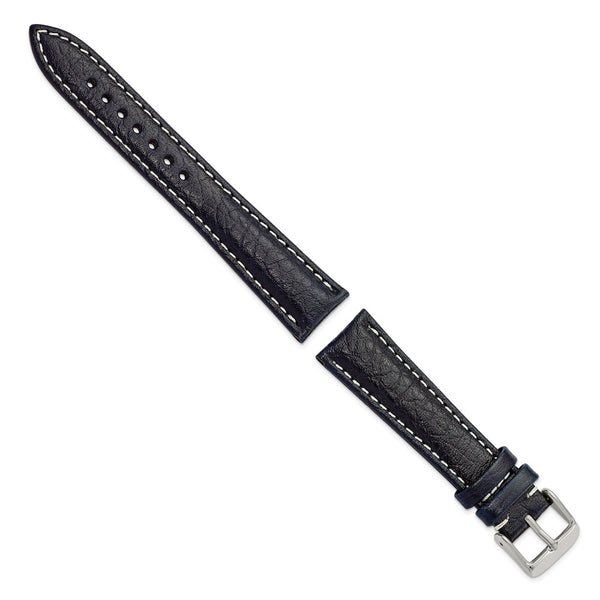 19mm Navy Sport Leather White Stitch Silver-tone Buckle Watch Band