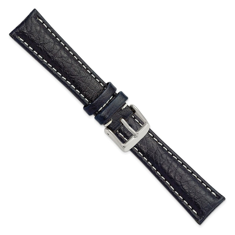 DeBeer 19mm Navy Sport Leather with White Stitching and Silver-tone Buckle 7.5 inch Watch Band