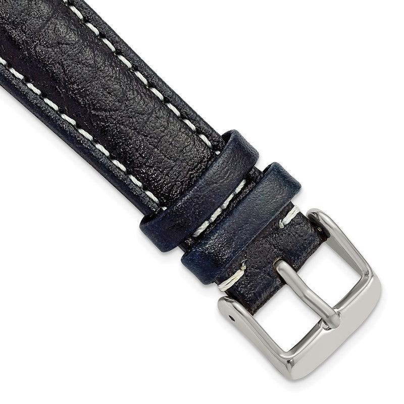 DeBeer 19mm Navy Sport Leather with White Stitching and Silver-tone Buckle 7.5 inch Watch Band