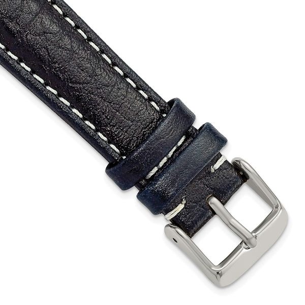 19mm Navy Sport Leather White Stitch Silver-tone Buckle Watch Band