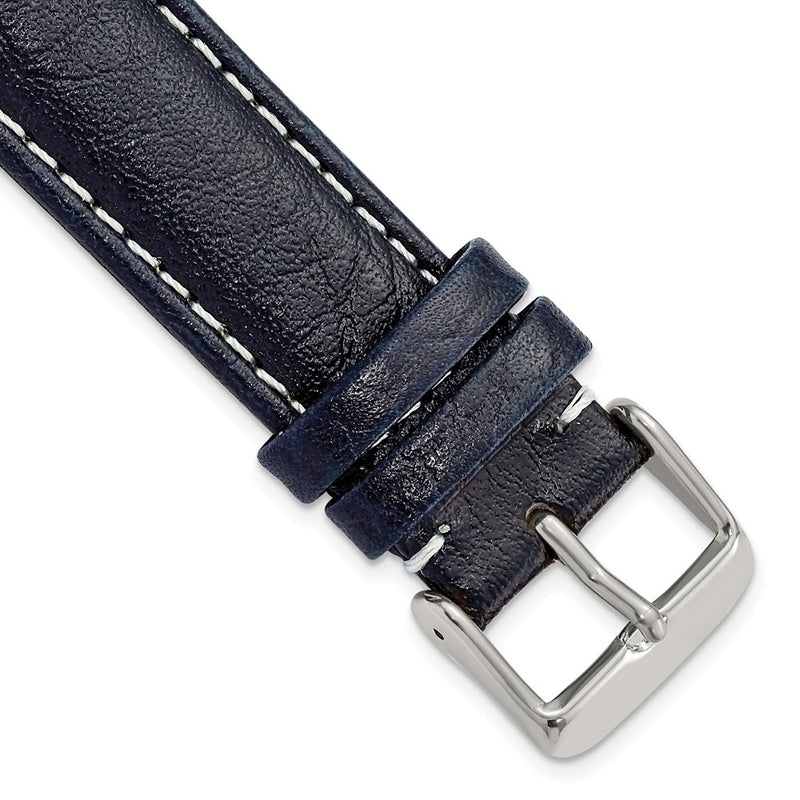 20mm Navy Sport Leather White Stitch Silver-tone Buckle Watch Band