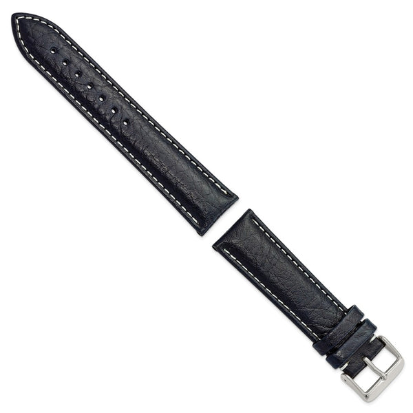 22mm Navy Sport Leather White Stitch Silver-tone Buckle Watch Band