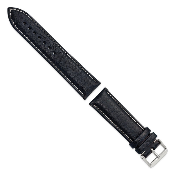 24mm Navy Sport Leather White Stitch Silver-tone Buckle Watch Band