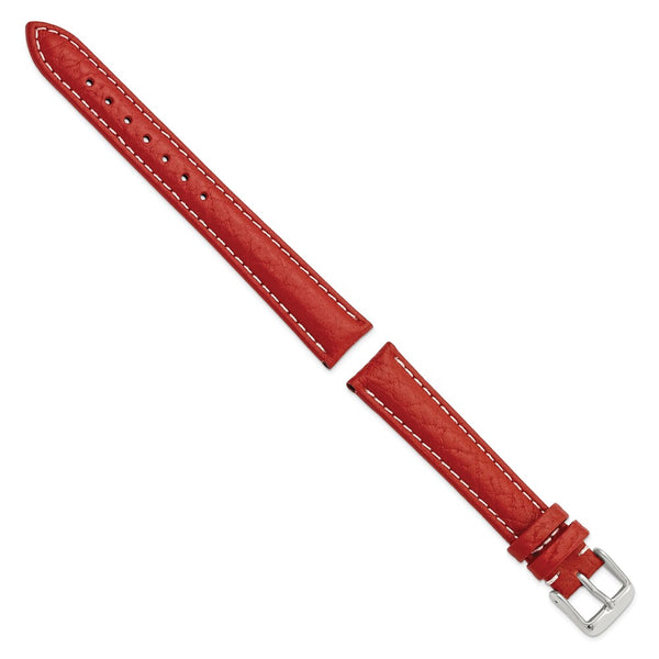 16mm Red Sport Leather White Stitch Silver-tone Buckle Watch Band