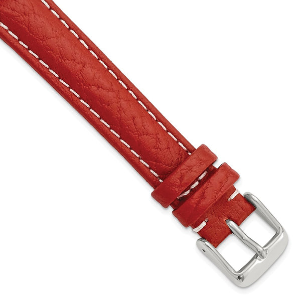 16mm Red Sport Leather White Stitch Silver-tone Buckle Watch Band