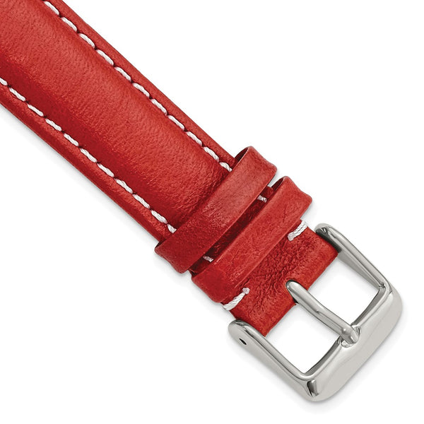 18mm Red Sport Leather White Stitch Silver-tone Buckle Watch Band