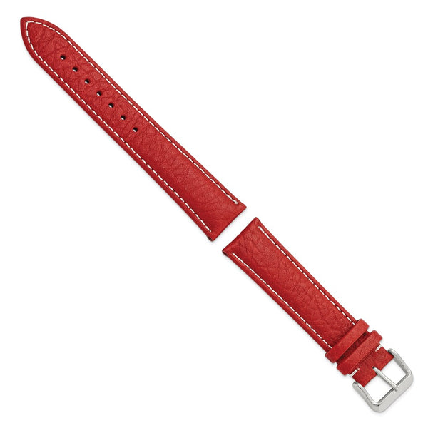 20mm Red Sport Leather White Stitch Silver-tone Buckle Watch Band