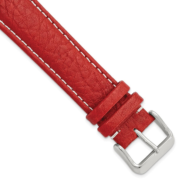 20mm Red Sport Leather White Stitch Silver-tone Buckle Watch Band