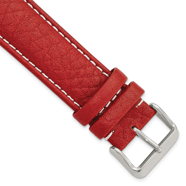 22mm Red Sport Leather White Stitch Silver-tone Buckle Watch Band