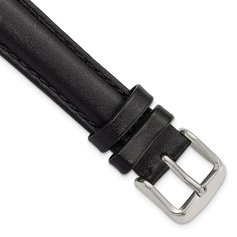 16mm Black Smooth Leather Chrono Silver-tone Buckle Watch Band