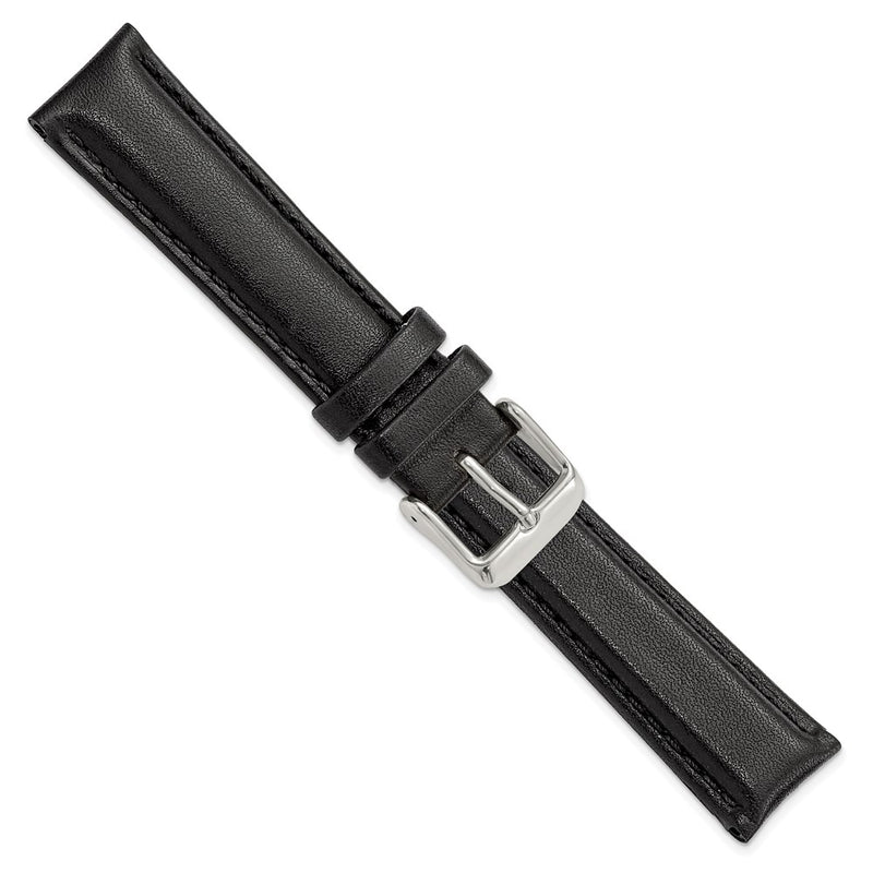 18mm Black Smooth Leather Chrono Silver-tone Buckle Watch Band