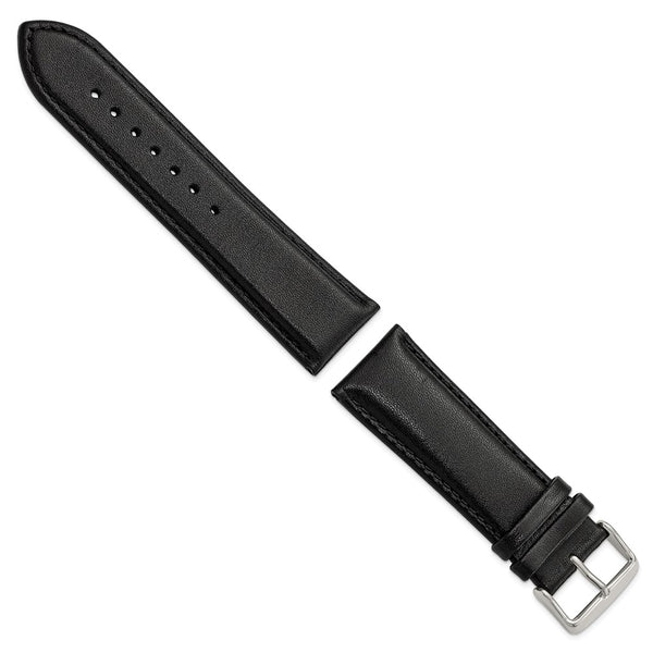 24mm Black Smooth Leather Chrono Silver-tone Buckle Watch Band