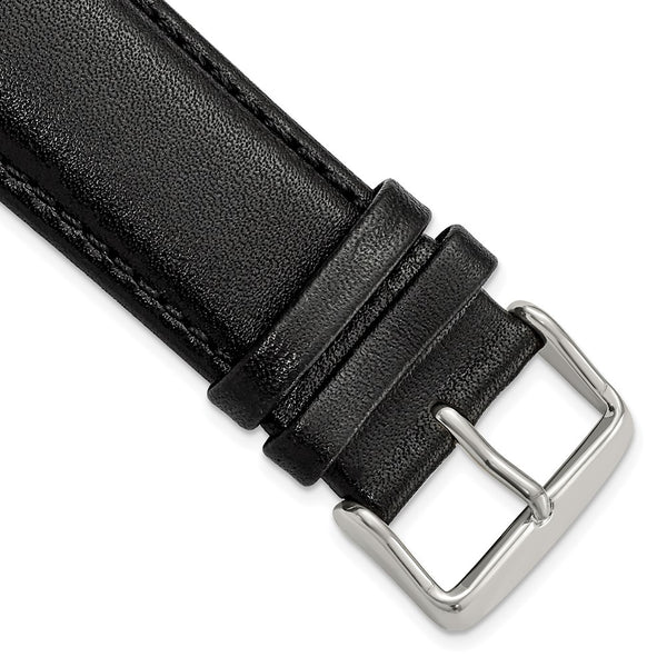 24mm Black Smooth Leather Chrono Silver-tone Buckle Watch Band