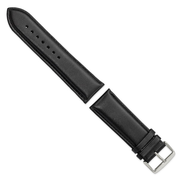 26mm Black Smooth Leather Chrono Silvr-tone Buckle Watch Band