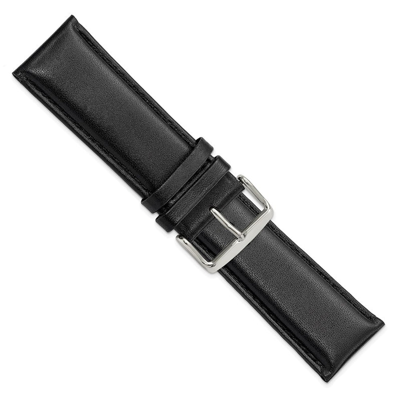 26mm Black Smooth Leather Chrono Silvr-tone Buckle Watch Band